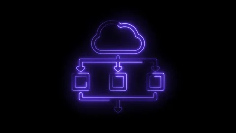 Glowing purple neon cloud network diagram with data flow arrows connecting .. Stock Footage 346014200