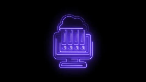 Glowing purple neon cloud server icon on black background digital technology Stock Footage 333956420