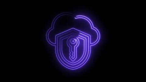 Glowing purple neon cloud shield with key symbol representing data security.. Stock Footage 346014543