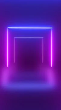 Glowing purple neon corridor with rectangular light frames, futuristic tunn.. Stock Illustration