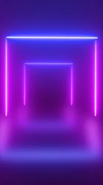 Glowing purple neon corridor with rectangular light frames, futuristic tunn.. Illustrazione stock