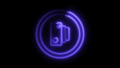 Glowing purple neon digital camera icon with circular elements animation on.. Stock Footage 308902329