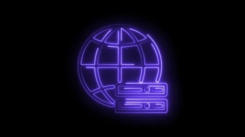 Glowing purple neon globe icon with server racks symbolizing global data network Stock Footage 333961899