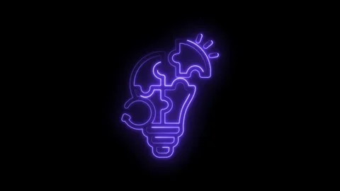 Glowing purple neon light bulb puzzle pieces forming a bright idea concept with Video stock 333963986