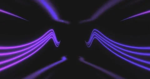 Glowing purple neon lines creating dynamic abstract pattern on black background Stock Photos