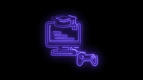Glowing purple neon outline of a computer monitor displaying educational content Stock Footage 333956251