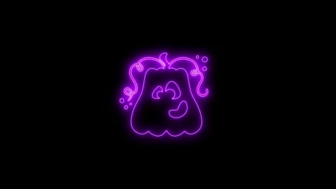 Glowing Purple Neon Pumpkin Face Animation on Black Background 4K 動画素材 341358573