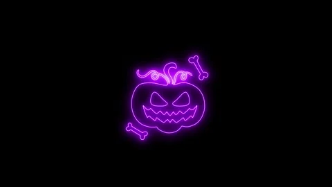 Glowing Purple Neon Pumpkin Face Animation on Black Background 4K Video stock 341358574