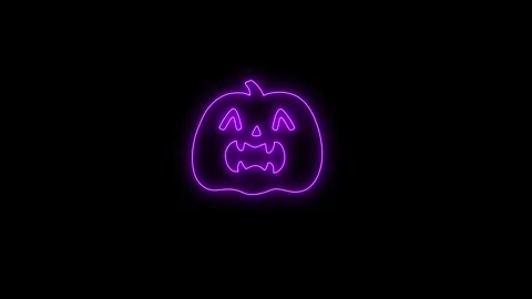 Glowing Purple Neon Pumpkin Face Animation on Black Background 4K Stock Footage 341358587