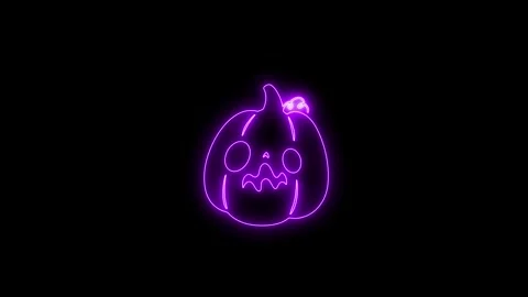 Glowing Purple Neon Pumpkin Face Animation on Black Background 4K Stock Footage 341358643