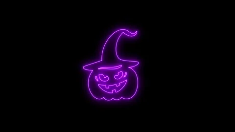Glowing Purple Neon Pumpkin Face Animation on Black Background 4K Stock Footage 341358652