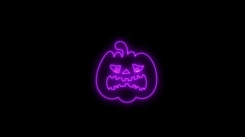 Glowing Purple Neon Pumpkin Face Animation on Black Background 4K Stock Footage 341358662