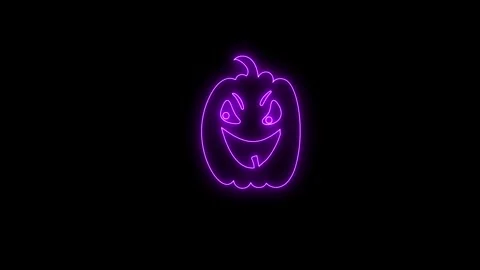 Glowing Purple Neon Pumpkin Face Animation on Black Background 4K Stock Footage 341358675