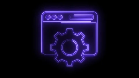 Glowing purple neon website window with gear symbol on a black background Stock Footage 312307270