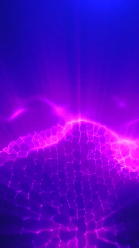 Glowing purple network mesh forms an undulating digital landscape beneath a.. Stock Footage 342050098