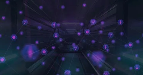 Glowing purple nodes hovering inside futuristic data corridor, showing human Stock Photos