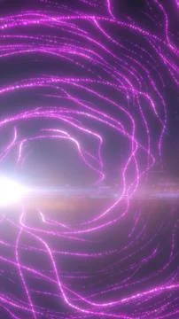 Glowing purple particle waves form a flowing abstract tunnel with luminous .. Stock Illustration