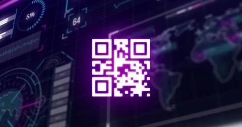 Glowing purple QR code floating on dark dashboard, with neon gauge, chart and 스톡 사진