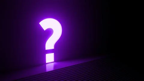 Glowing purple question mark illuminating dark room with steps Stock Illustration