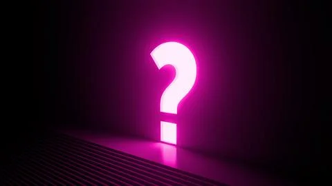 Glowing purple question mark illuminating dark room Stock Illustration