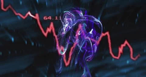 Glowing purple skull floating in data void, showing red graph at 64.11 with p Illustrazione stock