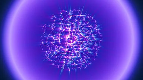 Glowing purple sphere, vibrant digital network bursting Stock Illustration