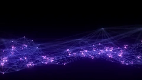 Glowing purple wave with motion dots and lines with digital indicators. Stock Footage 318590032