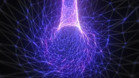 Glowing purple wireframe mesh forming a spiraling node of digital energy, c.. Stock Illustration