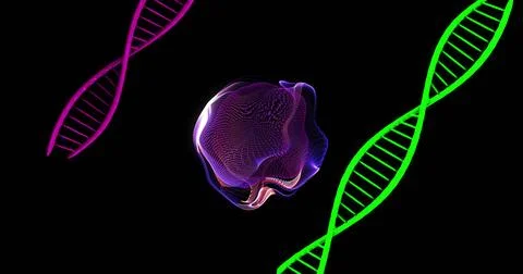 Glowing purple wireframe orb rotating and pulsing in black void, with neon green Stock Illustration