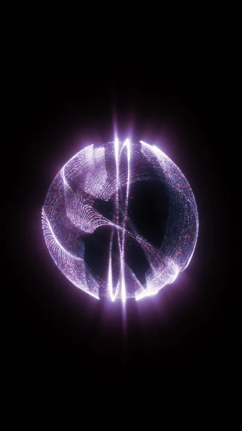 Glowing purple wireframe sphere on a black background, symbolizing digital .. Stock Footage 334225391