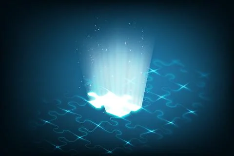 Glowing puzzle piece surrounded by abstract grid, representing missing link in Stock Illustration