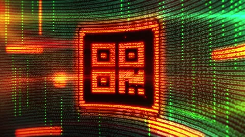 Glowing QR code emerging from digital code stream in cyberspace Stock Footage 313506577