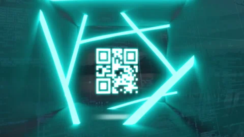 Glowing QR code with intersecting neon blue lines creating animation in dark Stock Footage 304808346