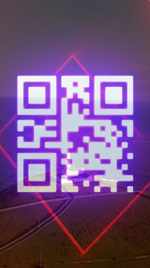 Glowing QR code with red laser beams over coastal landscape at sunset Stock Footage 319617039