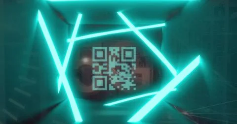 Glowing QR code surrounded by neon lights in futuristic digital space Stock-Fotos