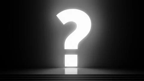 Glowing question mark illuminating dark room with steps Illustrazione stock