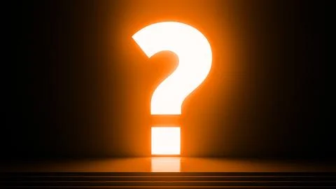 Glowing question mark illuminating dark room from stage Stock Illustration