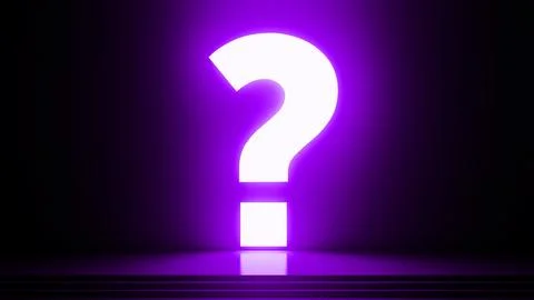 Glowing question mark illuminating dark room with purple light Ilustração Stock