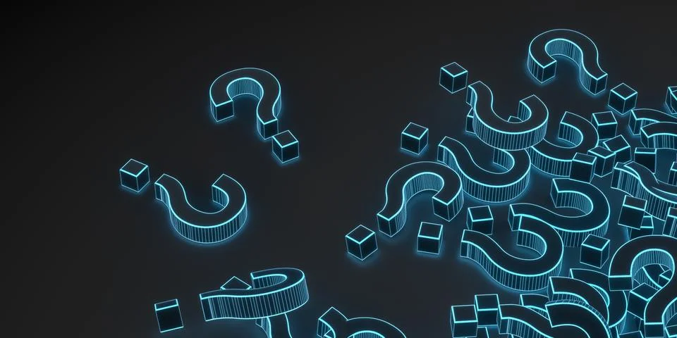 Glowing question marks with dark background, 3d rendering. Stock Illustration