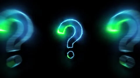 Glowing question marks mystery blue and green neon symbols, smoky black space, s Stock Footage 340567309