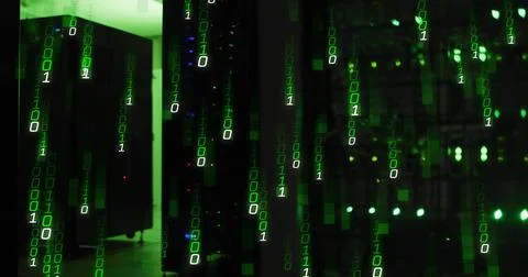Glowing rack cabinets casting green light over tiled data center floor with Stock Illustration