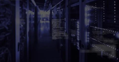 Glowing rack-mounted servers lining data center corridor, showing LED lights and Stock-Fotos