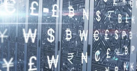 Glowing racks revealing circuits in data center, LEDs, floating currency Stock Photos