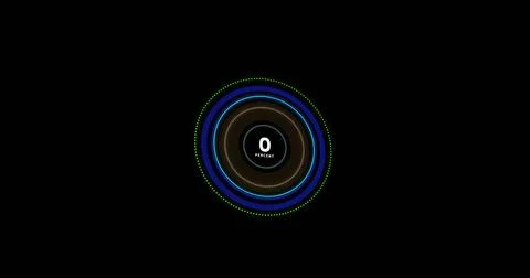 Glowing radial progress indicator rotating on black UI, showing concentric rings Illustrazione stock