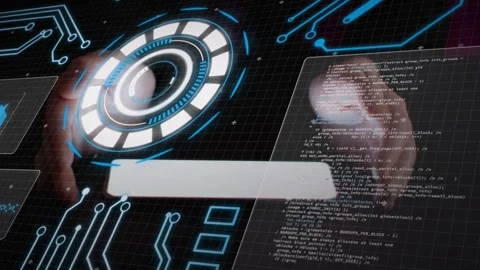 Glowing radial UI appearing, hands rotating disk and scrolling panel, revealing Stock Footage 335465934