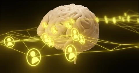 Glowing realistic brain model floating against dark gradient, with yellow Stock Illustration