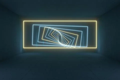 Glowing rectangle lines in the dark tunnel, 3d rendering. イラスト素材