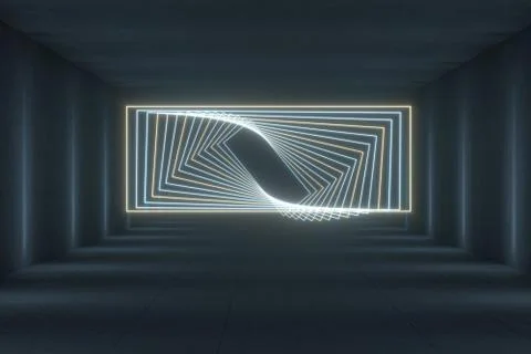 Glowing rectangle lines in the dark tunnel, 3d rendering. 스톡 일러스트