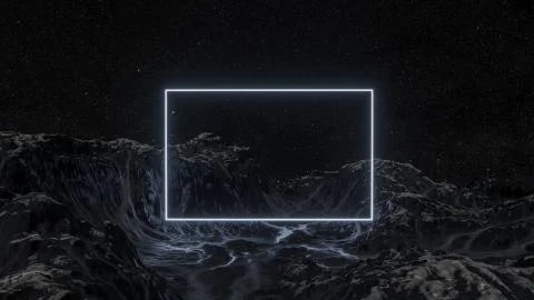 Glowing rectangle, mountains and night starry sky Illustrazione stock