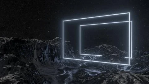 Glowing rectangle, mountains and night starry sky Illustrazione stock